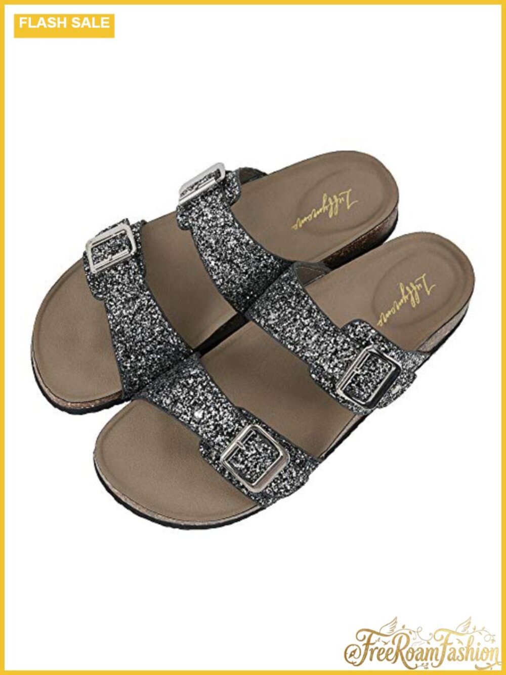 Womens Cork Footbed Slide Sandals with Adjustable Buckle Strap